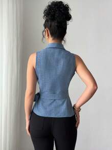 SHEIN LUNE 女士系带前无袖简约披肩领衬衫，休闲度假装 - 藍色 - 查看 2