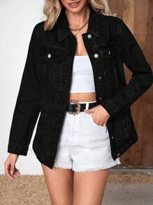 SHEIN PETITE Women's Casual Washed Denim Jacket, Autumn