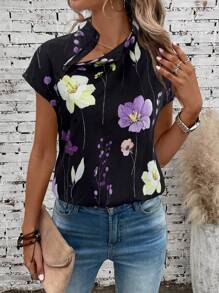 EMERY ROSE Vacation Casual Floral Print Stand Collar Shirt - Black - View 3