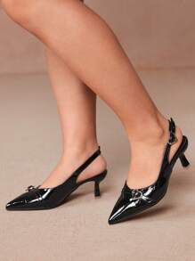 CUCCOO CURVES Wide Width High Heel Pointy Toe Elegant Black Satin Slingback Sandals, Suitable For All Seasons Spring Shoes Spring Break Easter - Black - View 4