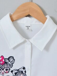 Blusa de botones con mangas abullonadas, cuello y estampado de niña de estilo Y2K casual para niñas preadolescentes - Blanco - Ver 3