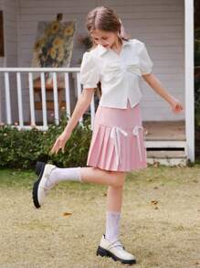 SHEIN 少女白色腰部短上衣，3D 黑色蝴蝶结点缀，短泡泡袖，优雅校园风格 - 白色 - 查看 5