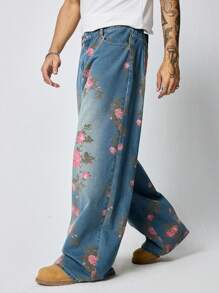 ROMWE MEN Street Life Quần Jeans Ống Rộng Túi Họa Tiết Hoa Thường Ngày Cho Nam - Màu xanh lam - Xem 4