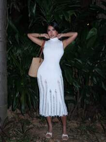 Elenzga 春夏度假镂空性感百搭无袖针织女连衣裙