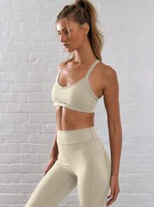 Musera Sport 吊带交叉露背运动文胸，适合板式网球、网球、匹克球、健身房、瑜伽、普拉提等日常休闲穿着。 - 米色 - 查看 2