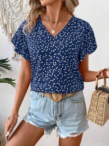 EMERY ROSE 心形印花 V 领荷叶边袖衬衫 适合新年服装 - 彩色 - 查看 4