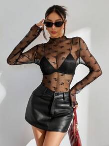 SHEIN Unity Áo cánh ren hoa co giãn gợi cảm cho nữ (Cắt ngẫu nhiên) - màu đen - Xem 5