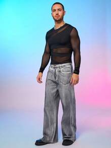 FeverCity 男士纯色网眼拼布长袖修身T恤，夏季，秋季 - 黑色 - 查看 4