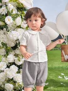 SHEIN Leap Crew 4 件套男婴/女婴休闲百搭短袖衬衫、背心、松紧腰短裤、帽子套装绅士西装，适合春夏季穿着，适合生日派对、洗礼、1 岁生日、庆祝、表演、婚礼