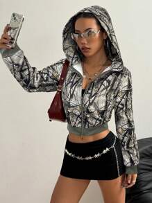 StreetHx Women Branch Print Hooded Long Sleeve Zip Front Sweatshirt Pullover Fall - Multicolor - View 3