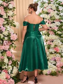 SHEIN Belle Plus Size Elegant & Luxurious Sequin Off Shoulder Mid-Calf A-Line Puffy Party Dress, Wedding Guest Dress, Prom Dress
