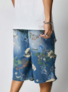 ROMWE MEN Street Life Men's Floral Print Pocket Ripped 7/8 Jeans Vacation