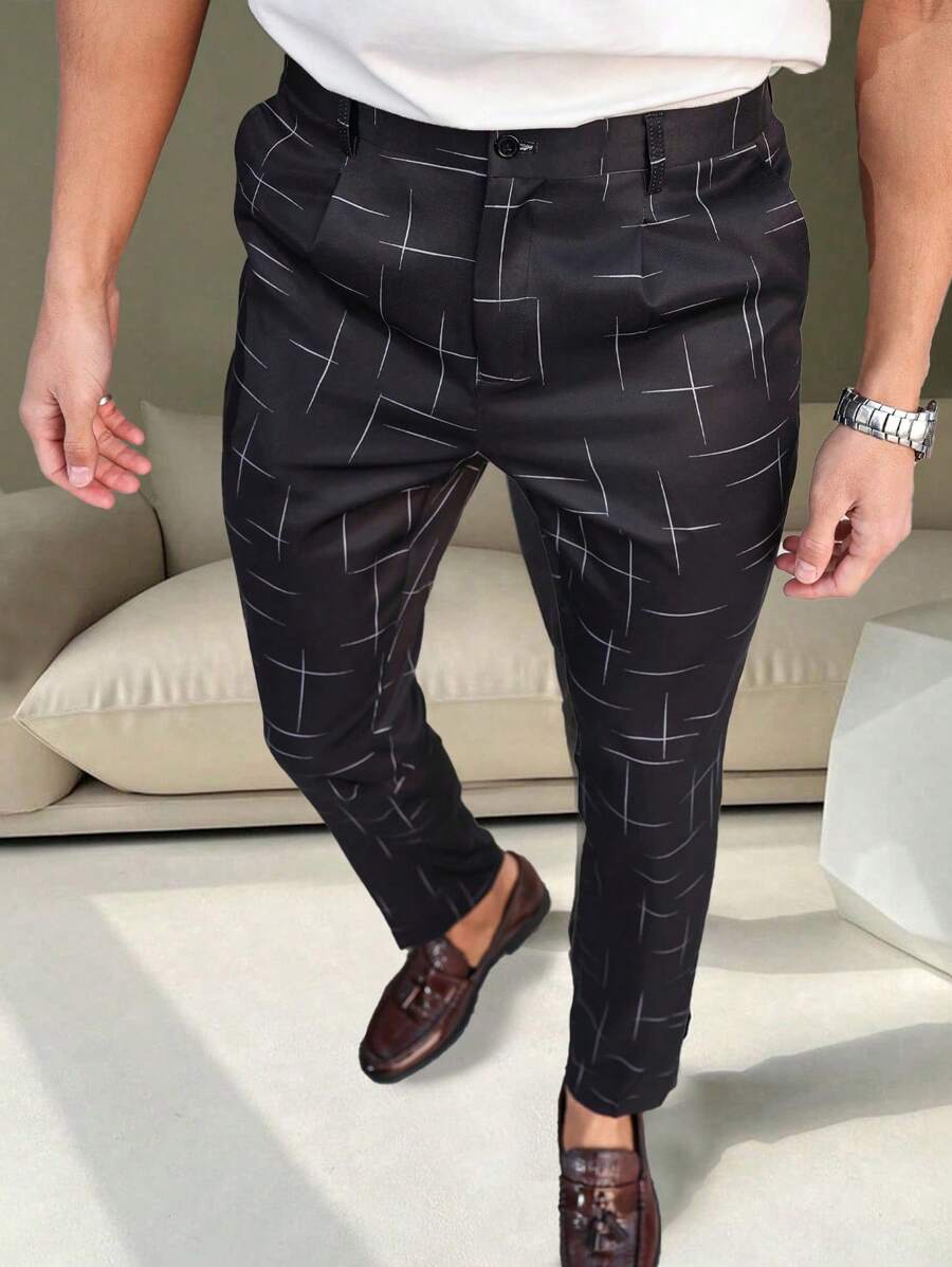 Manfinity Mode Men's Front Button Pocket Printed Casual Pants - Black - View 1