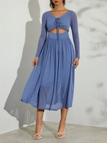 Glamine Vrouwen effen lange mouw mesh borst trekkoord midi-jurk - Elegante lente- en zomervakantiejurk, Valentijnsdag