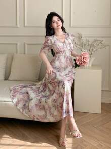 DAZY 女士 V 领短袖花卉印花休闲优雅连衣裙 - 淡紫色 - 查看 4