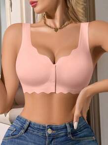 1 件女士休闲舒适前扣式无钢圈纯色舒适无缝文胸