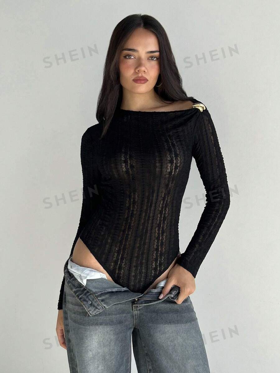 Aloruh Body elegante de mujer con hombros oblicuos y encaje transparente - Negro - Ver 1