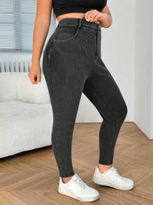 SHEIN EZwear 大码高腰洗水做旧紧身休闲裤 - 黑色 - 查看 3