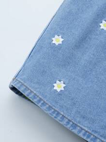Short vaquero de moda para adolescentes, lavado claro azul con diseño floral bordado, cintura elástica, corte evasé, suelto, para verano
