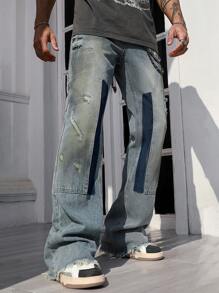 ROMWE MEN Grunge Punk Jeans rectos de pierna simple para bolsillo de hombre, uso casual de todos los días