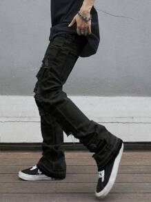 Manfinity Homme Plus Size Men's Denim Pockets Distressed Skinny Casual Pants - Black - View 6