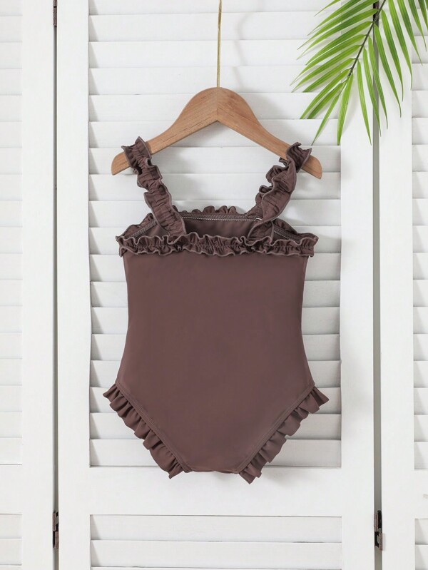 1pc Young Girl Plain Monokini Swimsuit, White Textured Bowknot Frill Trim Shoulder Strap, Ruffled Edge Bottoms