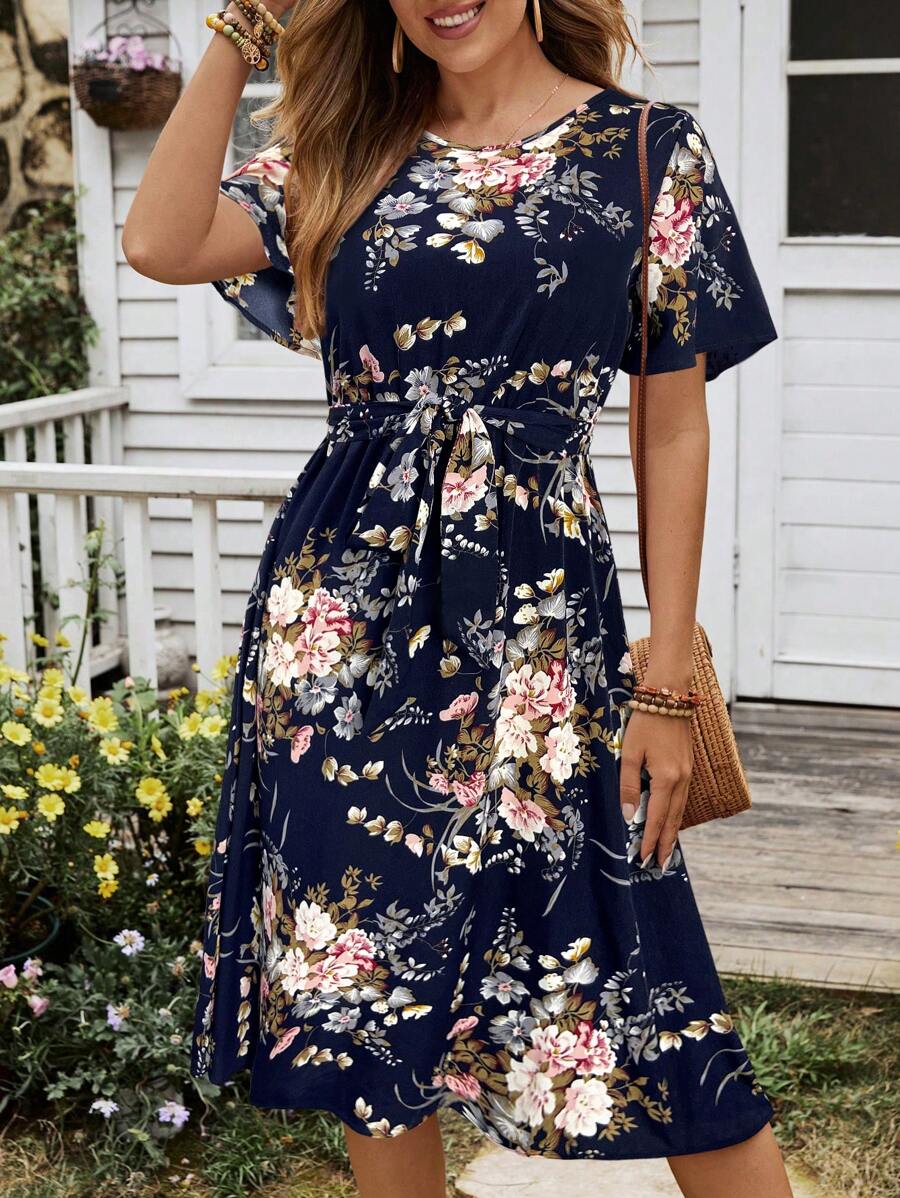 EMERY ROSE Women's Floral Print Ruffle Sleeve Waist Dress - Blue - View 1