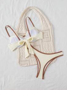 SHEIN Conjunto de bikini con parte superior e inferior con ribete contrastante, para uso en verano y vacaciones en la playa - Multicolor - Ver 2