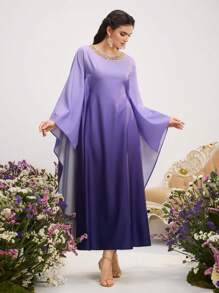 Al Najma Damen Langer Arabischer Freizeitkleid mit lila Farbverlauf und Juwelen-Rundhalsausschnitt, Langarm, Farbverlauf für Frühling und Valentinstag - Violett - Übersicht 5