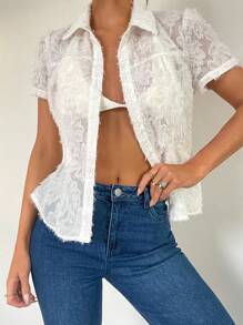 Calvaya Camicia vintage da donna con colletto alla coreana, maniche corte, decorazione floreale tagliata in vita