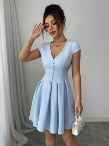 Elenzga Women's Light Blue V-Neck Cinched Waist Button Decor Mini Dress - Blue - View 5