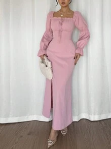 Rafferiza 莲藕袖高开叉收腰连衣裙，优雅粉色女士长裙，适合情人节 - 粉色 - 查看 5