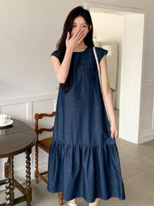 DAZY Women's Round Neck Ruffle Hem Long Denim Dress Sundress - Dark Wash - View 6