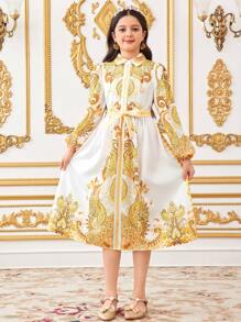 SHEIN Tween 女童融合休闲优雅宫廷风图案翻领长袖连衣裙