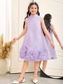 SHEIN Leap Crew Tween Girls Stand Collar Beaded 3D Floral Mesh Sleeveless A-Line Dress, Purple - Purple - View 3