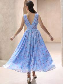 Aveloria 浪漫花卉雪纺梦幻印花褶腰无袖连衣裙，适合女士春季波西米亚风度假时尚风格全身印花，适合夏季春秋季 - 彩色 - 查看 2