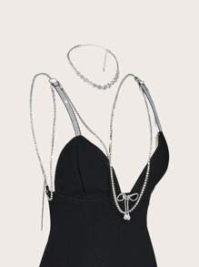 SHEIN ICON 蝴蝶结装饰高端吊带背心迷你连衣裙，俱乐部连衣裙 - 黑色 - 查看 6