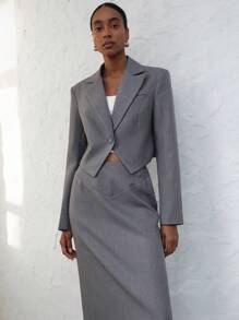 Aveloria Modichic Women's Elegant Commuter Notched Lapel Cropped Long Sleeve Blazer With Split Hem, Paired With Super Long Skirt Suit