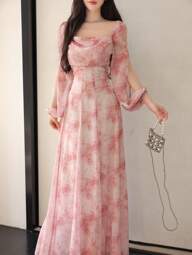 Modelyn Women's Chiffon Ditsy Floral Draped Neck Waist Fit & Flare Casual Holiday Dress Fall Cloth For Women