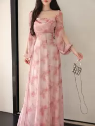 Modelyn Vestido casual para vacaciones de mujer con cuello drapeado, ajuste en la cintura y vuelo, en estampado floral ditsy de gasa