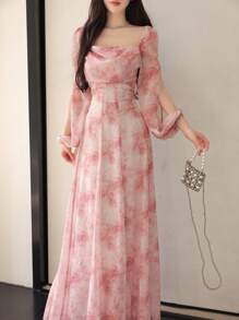 Modelyn Women's Chiffon Ditsy Floral Draped Neck Waist Fit & Flare Casual Holiday Dress Fall Cloth For Women