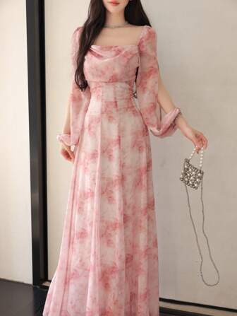 Modelyn Wanita Chiffon Ditsy Floral Berbalut Leher Pinggang Fit & Flare Pakaian Percutian Kasual Kain Musim Gugur Untuk Wanita