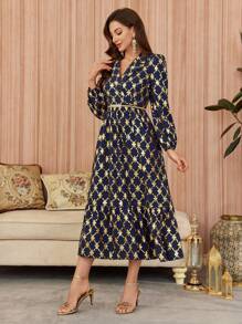 Modelyn Women's Elegant Foil Printing Lantern Sleeve Dress - Navy Blue - View 1