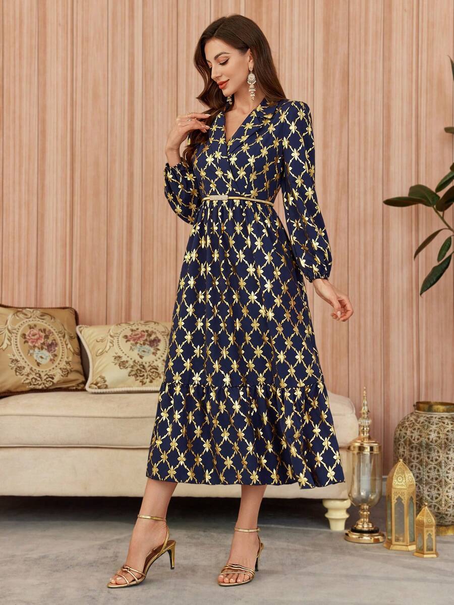 Modelyn Women's Elegant Foil Printing Lantern Sleeve Dress - Navy Blue - View 1
