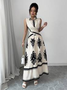 Rafferiza 女士优雅度假交叉裹身上衣和裙子 2 件套 - 杏色 - 查看 5