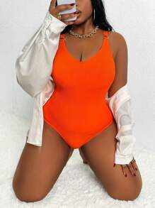SHEIN Swim Curve Plus Size Women Summer Vacation Casual Solid Color One-Piece Swimsuit - Orange - View 5