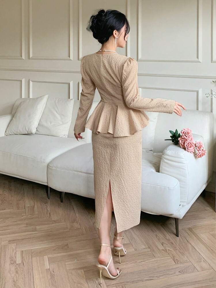 Solid Color V-Neck Ruffle Hem Mid-Length Dress For Women Prom Dress,Fall Dress Long Sleeve Dress Elegant Women Dresses Maxi Dress