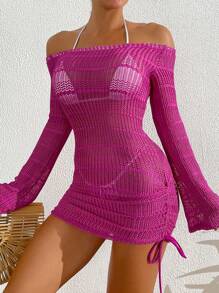 SHEIN X Sofía Suescun SHEIN Swim Quần áo mùa hè cho nữ, váy dài tay hở vai đơn giản, bó sát, dành cho kỳ nghỉ hè ở bãi biển - Màu Hồng Tươi - Xem 5