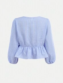 SHEIN 青少年女孩夏季/春季圆领长袖休闲假日衬衫带蝴蝶结装饰，女士可爱蝴蝶结、结饰、荷叶边下摆长袖圆领宽松常规蓝色主教袖荷叶边衬衫，休闲日常穿着 - 藍白色 - 查看 2