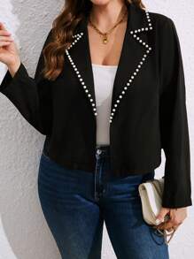 SHEIN LUNE Plus Size Solid Color Collar Bubble Pearl Long Sleeve Cropped Suit Jacket, Casual Resort Style, Spring/Autumn - Black - View 1